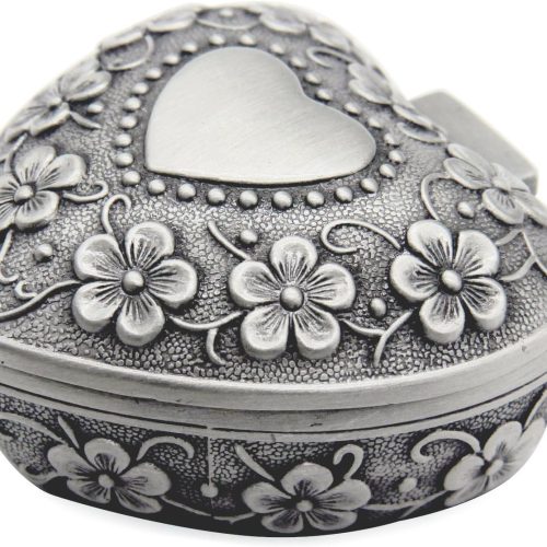 Classic Vintage Antique Heart Shape Jewelry Box Ring Small Trinket Storage Organizer Chest Christmas Gift, Silver