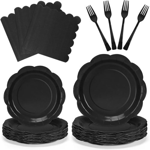 100Pcs Black Plates and Napkins Party Supplies,25 Guests Disposable Black Scalloped 9inch Plates,7inch Dessert Plates and Napkins and Forks Tableware for Birthday,Picnic,New Year,Formal Parties