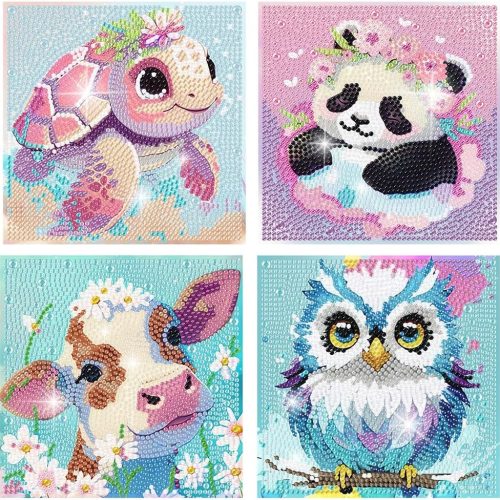 FQOVKYN 4 Packs 5D Cartoon Diamond Art Kits for Kids, Cute Animals DIY Diamond Arts Mosaic Kits for Adults Beginner, Full Round Drill Gem Art for Home Wall Decor Kids Present 6X6 inch
