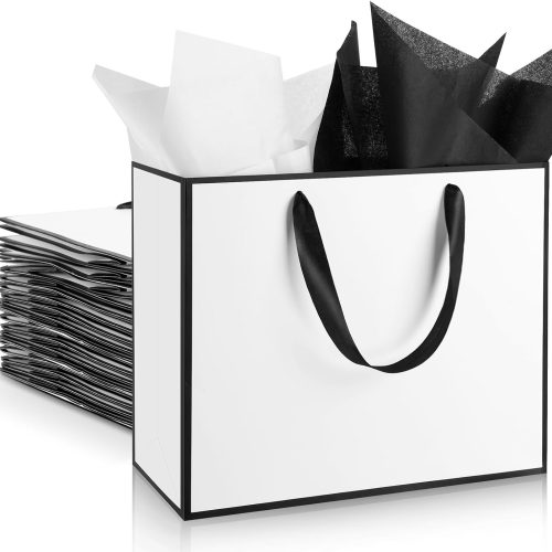 ReliThick 12 Pack Paper Gift Bag with Handles & Tissue, White, Black