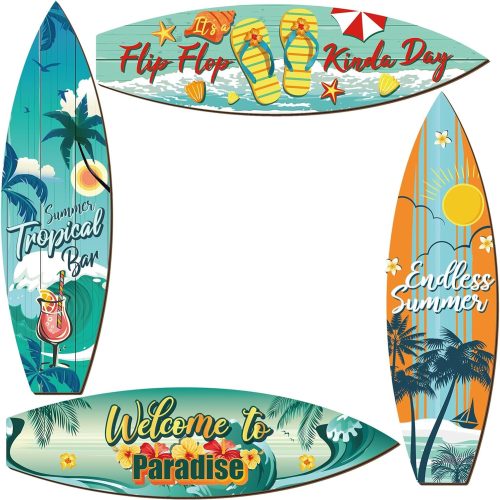 Tatuo 4 Pcs Surfboard Decor Hawaiian Wooden Beach Wall Decor Tiki Tropical Bar Decorations Surfboard Wall Hanging Sign Gifts for Home Aloha Birthday Party(Summer,15.75 x 4.41 x 0.2 Inch)