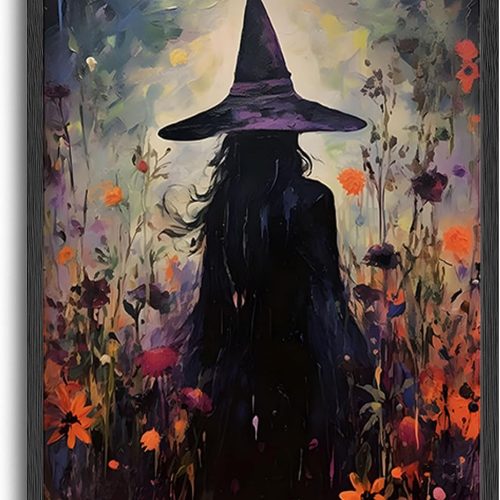 ILLBDR Halloween Witch with Flowers Canvas Wall Art Poster 12x16 inch