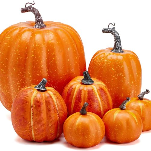 7Pcs Artificial Pumpkins of all Styles Halloween Decoration Rural Style Farmhouse Foam Pumpkin Harvest Season Thanksgiving Day is Suitable for Table top House Dining Table Party Decoration (Orange)