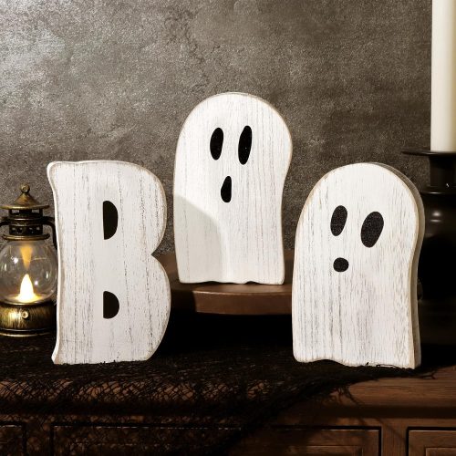 Halloween Table Decorations Indoor: 3pcs Farmhouse Halloween Cute Ghost Decorations, Mini Black White BOO Wood Plank Signs, Rustic Tiered Tray Decor Wooden Ghost Desk Office Decor for Home Kids