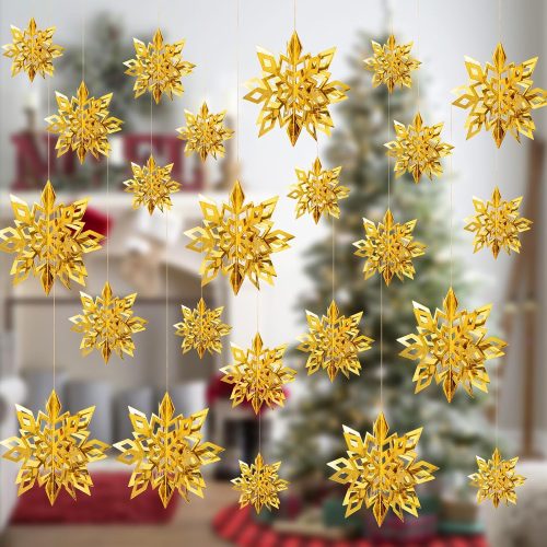 Crafare 3D Snowflake Hanging Decorations 18 Pack 3 Size Gold Color Paper Snowflake Hanging Garland with String for Christmas Tree Winter Holiday Party
