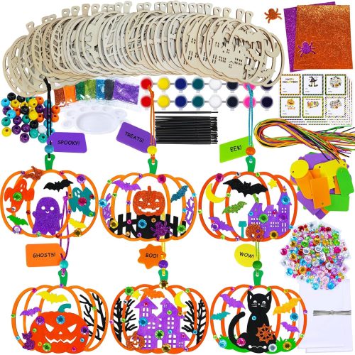 Winlyn 24 Sets Halloween Pumpkin Craft Kits DIY Wooden Pumpkin Ornaments Craft Kits Unfinished Paintable Wood Pumpkin Halloween Crafts for Kids Classroom Activities Art Project Halloween Decorations