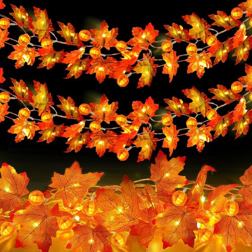 2 Pack Fall Garland with Pumpkin Lights Total 40LED 20Ft Battery Operated