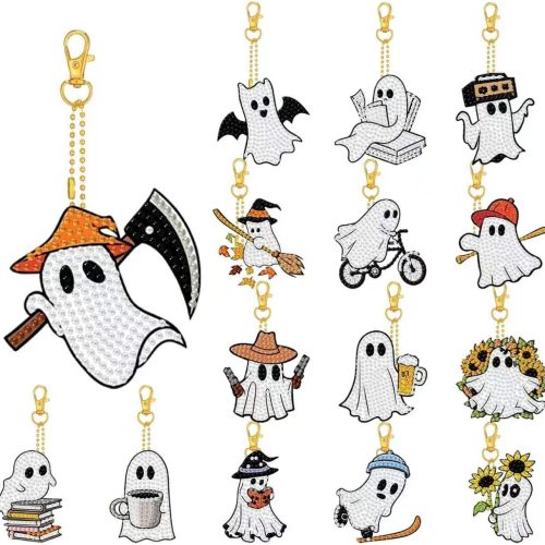 KYOQFVN 15 Pcs Halloween Diamond Painting Key Chains with Color Box, Ghost Diamond Art Keychains for Beginners Adults., DIY Halloween Hanging Decor (Ghost)