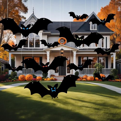 12 Pcs Hanging Bats Halloween Decorations Outdoor, Large Flying Plastic Bats Outdoor Halloween Decorations, 3 Different Size with Glowing Eye Stickers for Hanging in Tree, Yard, Porch, Lawn, Indoor