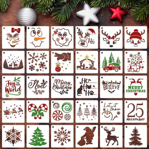 3inch Christmas Stencils for Painting on Wood Small Christmas Stencils for Crafts Reusable Xmas Holiday Stencil for Christmas Tree Tiered Tray Decor