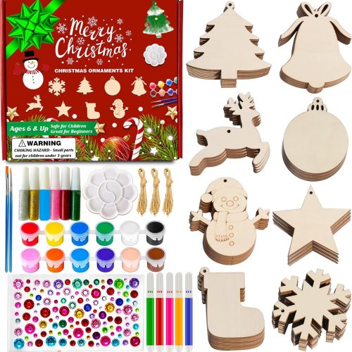 Christmas Ornaments Craft Kit, 48 Pcs Blank Wood Slices for Painting with Paint Pens and Brushes, DIY Wooden Christmas Ornament Set for Tree Decorations, Family Holiday Activities and Gifts