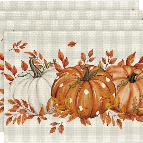 Artoid Mode Beige Pumpkins Leaves Fall Placemats Set of 4-12 x 18 Inch