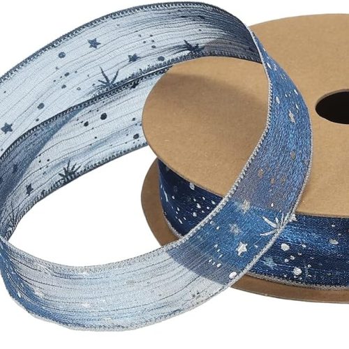 MECCANIXITY 1 Inch 20 Yard Star Organza Sheer Ribbon Sparkly Snow Yarn Ribbon Blue for Gift Wrapping Cake Box Bow Wedding Bouquet Christmas