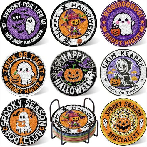 8PCS Halloween Diamond Art Coasters Kit for Adults,Non-Slip,4x4 in