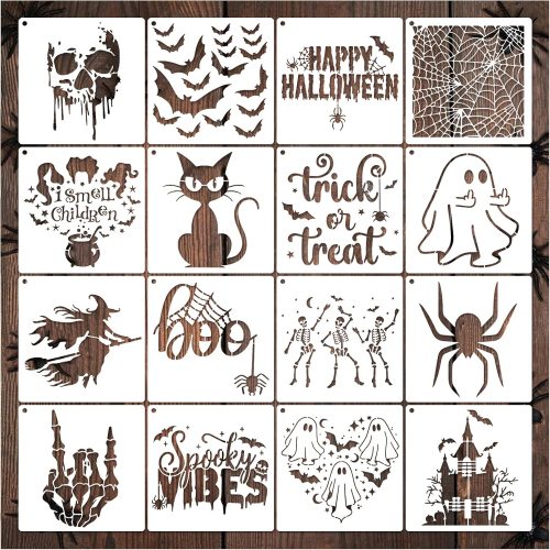 Halloween Stencils for Painting on Wood Crafts, Reusable Large Pumpkin Happy Halloween Hey Boo Spider Web Trick or Treat Witch Stencils for Walls Door Hanger Sign DIY Ornament (16 Halloween 5.9in)