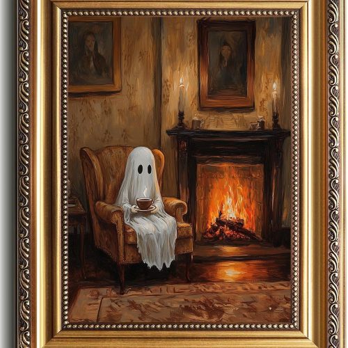 uniro Vintage Gold Framed Wall Art, Vintage Cute Ghosts Decor Halloween Painting, Spooky Ghost Drinking Tea Halloween Wall Art Prints, Victorian Ghost Posters Pictures for Living Room, Bedroom, Bathroom, halloween Room decor- 9x12Inch