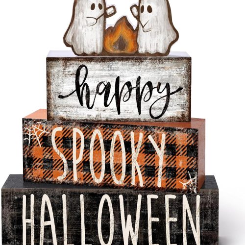 4Pcs Halloween Table Decoration Happy Halloween Wooden Ghost Sign