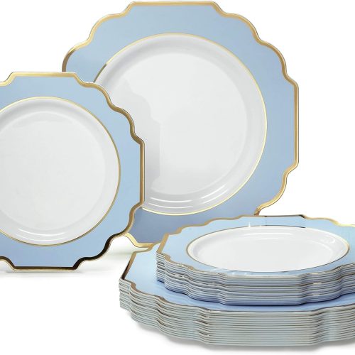 OCCASIONS  50 Plates Pack (25 Guests)-Heavyweight Wedding Party Disposable Plastic Plate Set -(25x10.5'' Dinner + 25x8'' Salad/dessert (Imperial in White/Blue & Gold)