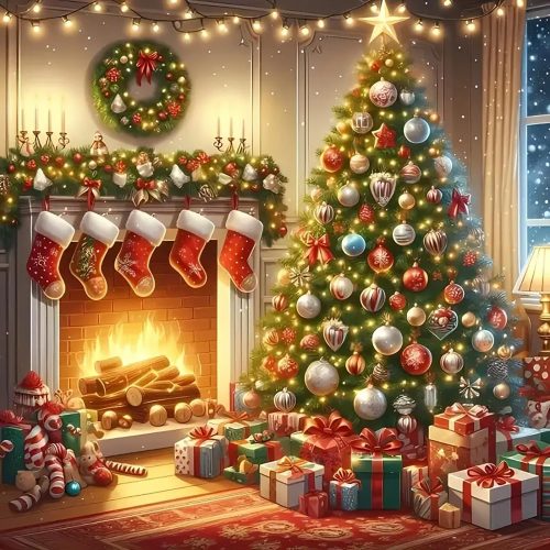 Christmas Tree Fireplace Diamond Painting Kits for Adults, 5D Diamond Art Kits for Adults Beginners, DIY Full Round Drill Diamond Dot Painting Gem Art Kits for Adult, Home Wall Decor 13.8x13.8 Inch