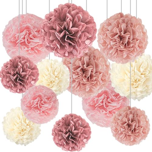 Boho Party Decoration,12pcs Blush Pink, Dusty Rose, Mauve, Cream Tissue Paper Pom Poms,Hanging Paper Flowers for Wedding Bridal Shower Bachelorette Party Decoration