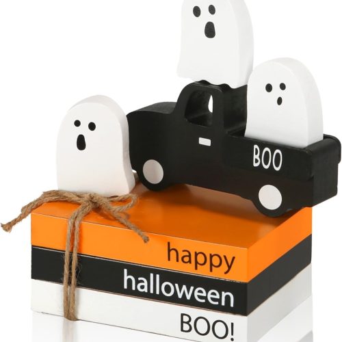 Halloween Decorations 7PCS Table Centerpieces, Cute Spooky Halloween Decor for Tiered Tray Shelf Mantel Fire Place Office Desk, Rustic Farmhouse Wood Faux Book Stack and Ghosts Sign