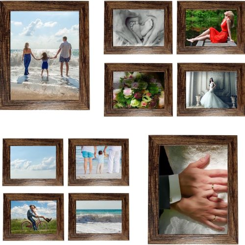 Pacome Picture Frames Set 10 Pack Collage Picture Frames,Gallery Wall Frame Set with Four 8x10, Four 5x7, Four 4x6, Farmhouse Rustic Photo Frames for living room Wall Gallery Decor or Desk,Brown