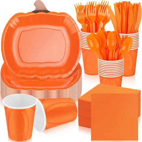 Uiifan 300 Pcs Fall Pumpkin Plates and Napkins Set, Orange, Classic Pumpkin