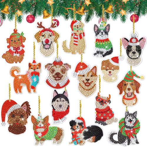 16Pcs Christmas Christmas Diamond Art Keychain Kit DIY Handmade 5D Funny Dog Design Diamond Hanging Pendant Rhinestone Mosaic Making Full Drill Diamond Pendant for Xmas Art Crafts Gifts