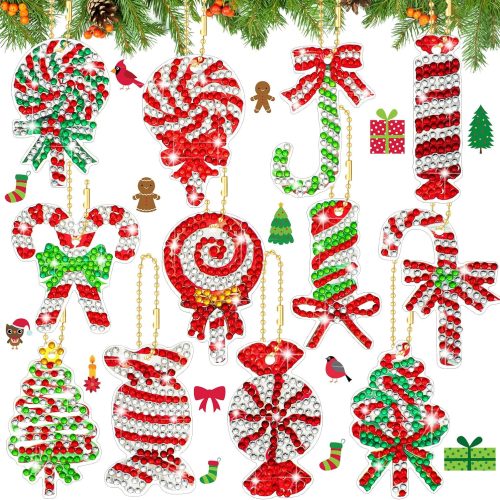 Junkin 12 Pieces Diamond Art Christmas Ornaments Xmas Diamond Painting Keychains 5d DIY Hanging Art Candy Cane Xmas Tree Keychains for Christmas Crafts Family Decor