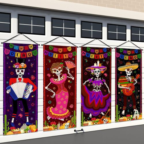 Panelee 4 Pcs Day of The Dead Porch Banner Dia De Los Muertos Decoration