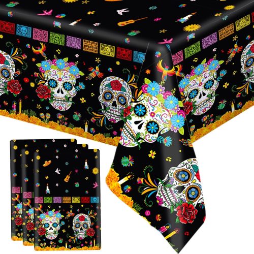 MEHOFOND 3 Pcs Day of The Dead Plastic Tablecloth, Dia De Los Muertos