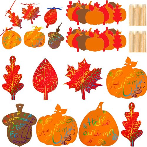 Whaline 60 Pack Fall Harvest Rainbow Scratch Art Set Colorful Scratch Paper Craft Autumn Pumpkin Leaves Acorn Pattern with 60Pcs Ribbons & 15Pcs Wooden Styluses for Thanksgiving Birthday Party Favor