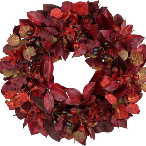24 lnch Artificial Fall Wreath for Front Door, Large Autumn Wreath with Maple Bay Grape Leaves Berries Fall Door Wreaths for Indoor Outdoor Farmhouse Home Porch Wall Window Thanksgiving Wedding Decor