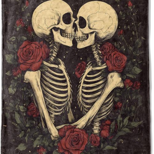 Skull Skeleton and Rose Flannel Blanket - Lightweight Soft Cozy Gifts Blankets for Horror Lovers, Men,Women,Gothic Romantic Dark Style Throw,Home Room Modern Halloween Decor 50x60in