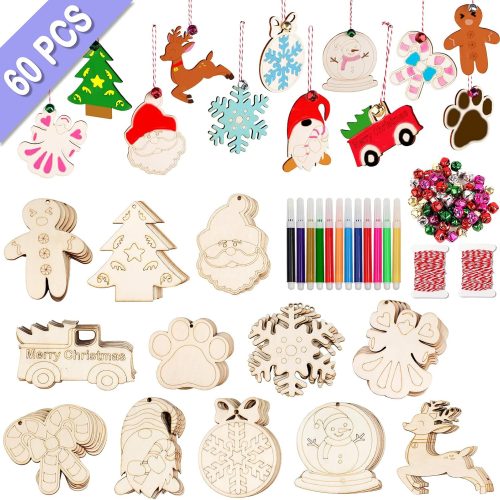 60PCS DIY Wooden Christmas Ornaments, Christmas Crafts for Kids Adults