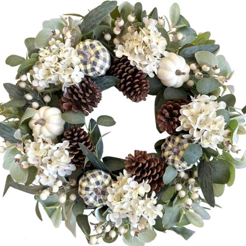 TEMPUS Artificial 24 Inch Handcrafted Fall Wreath with Hydrangeas, Pumpkins & Eucalyptus - Natural Black Rush Base for Farmhouse Door, Wedding Arch, Thanksgiving Table Decor