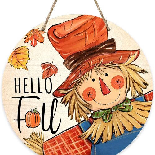 Deroro Hello Fall Scarecrow Sign for Front Door Decor, Autumn Harvest Maple