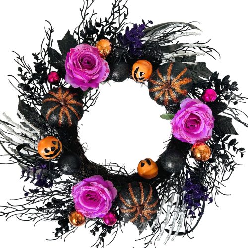 22 Inch Halloween Wreaths for Front Door Artificial Black Welcome Wreath with Pumpink Rose Skeleton Hand Indoor Outdoor Wall Holiday Decorations