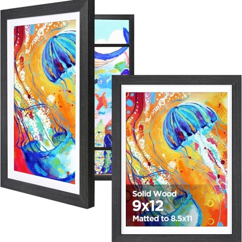 KINLINK 9x12 Kids Art Frame, Black Wood Artwork Frames 2 Pack