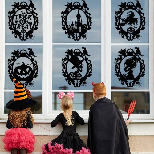 Halloween Theme Wall Decal, Female & Man Skeletal Portrait, Haunted House, Trick or Treat, Pumpkin, Flying Witch, Nursery Wall Stickers