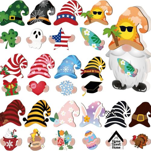 Blulu 31 Pcs Interchangeable Seasonal Decor Holiday Wooden Gnome Table Centerpiece Patriotic 4th of July Independence Day Summer Seasonal Tiered Tray Decor DIY Welcome Sign for Home Decorations