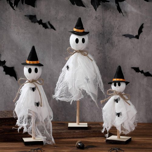 Tellegloww 3 Pcs Halloween Ghost Centerpieces Wooden Stand with Witch Hat
