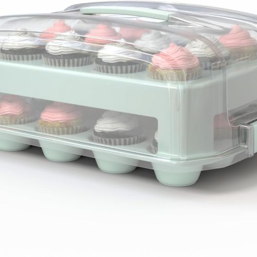 Top Shelf Elements Cupcake Carrier, EXTRA TALL LID, Green Cupcake Holder Carries 24 Standard-Size Cupcakes, Muffin Traveler Two Tier Stand Reusable Cupcake Box