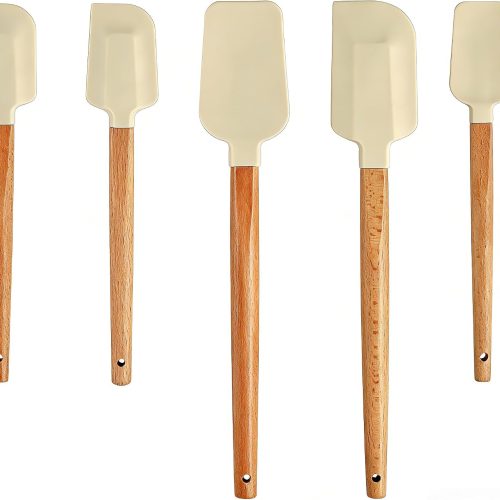 5 Piece Wooden Handle Silicone Rubber Spatula Set for Kitchen Baking, Jars,Cooking, and Mixing High Heat Resistant Non Stick Dishwasher Safe BPA-Free (off white)
