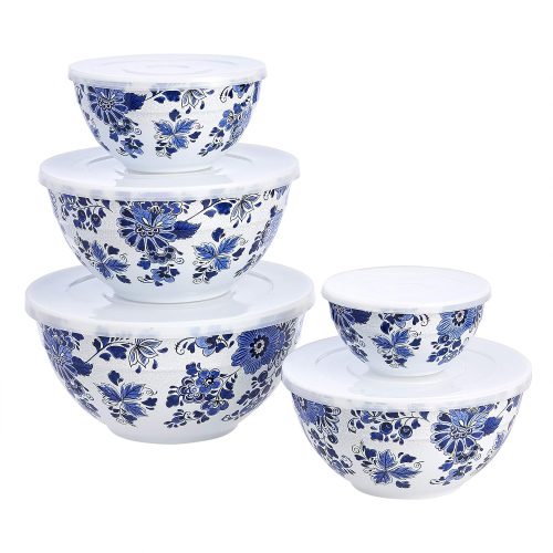 CTD-GR-1116GK_1 Amazon Basics Mixing Bowls with Lids, Nesting Melamine Serving Bowls, Non-Slip Base, BPA Free, Dishwasher Safe, 5 Sizes, Blue and White Floral, Set of 10