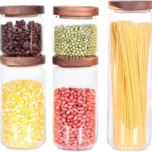 Glass Canisters Set of 5 for the kitchen, Glass Storage Container jars with Airtight Acacia Lid for Coffee Beans, Flour, Sugar, Rice and Spaghetti and etc