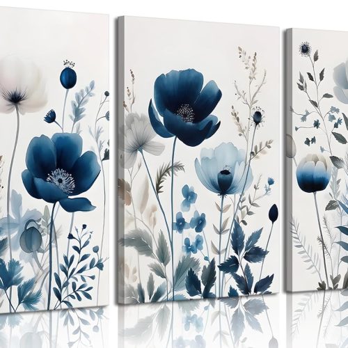 CTD-GR-1997GK_1 3Pcs Flower Canvas Wall Art Navy Blue Wildflower Wall Decor Pictures Modern Watercolor Boho Botanical Floral Posters Prints for Bedroom Living Room Home Decoration 12x16in
