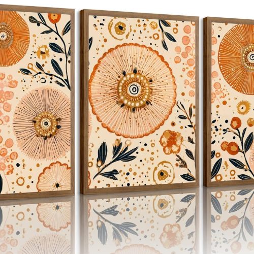 WPWZVRBH 3Pcs Boho Floral Wall Art Orange and Beige Abstract Botanical Wall Decor Pictures Modern Sunburst Flower Canvas Posters for Living Room Bedroom Office Home Decoration 12x16in Unframed