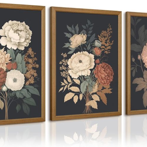 CTD-GR-2879GK_1 Pennclys Vintage Flower Wall Art Dark Floral Canvas Wall Art Botanical Farmhouse Prints Black Flower Pictures Wall Decor Moody Floral Artwork Painting for Living Room Bedroom 16x24x3 Inch Unframed