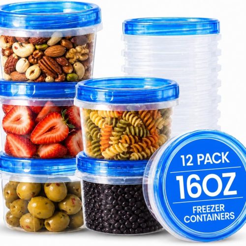 RFAQK Freezer Storage Containers with Lids-12 Plastic 16 oz Deli Containers with 12 Screw Lids-Freezer Containers for Soup